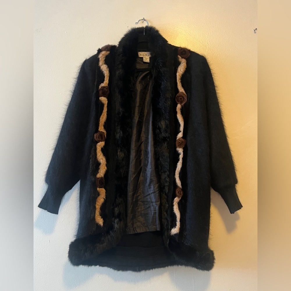 Vintage 80% Angora Rabbit Hair Bumber Coat Jacket Black Fur Trim Size Small - Picture 3 of 13